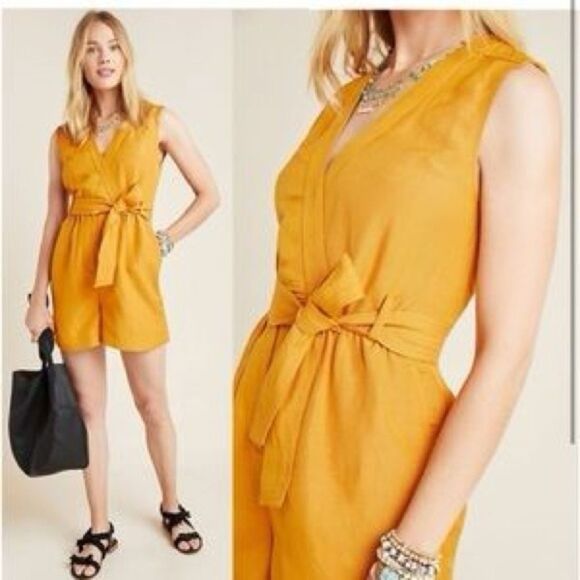Anthropologie Maeve Luna Romper ~ Linen Blend ~ Gold - 4 - Picture 1 of 15
